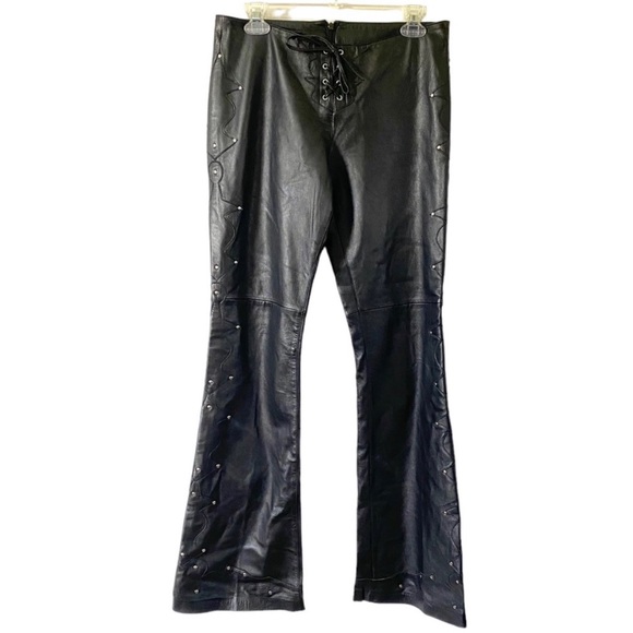 bebe Pants - Vintage 90s Y2K BEBE 100% Genuine Leather Pants Black Moto Low Rise Flare Leg.